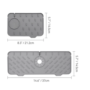 Gray silicone faucet splash guard drainage mats in two sizes for kitchen sinks