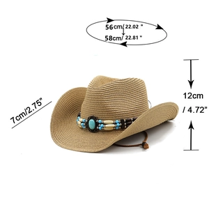 Western straw cowboy hat with turquoise bead band and 7cm wide brim for sun protection
