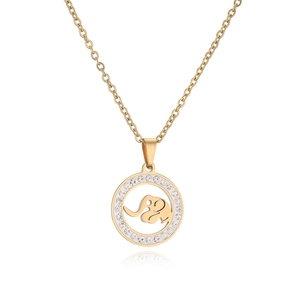 Golden necklace with circular elephant silhouette pendant and crystal-encrusted outer ring