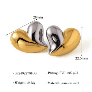 Detail specifications for heart stud earrings made of PVD 18K gold plated stainless steel
