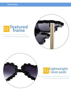 Detailansicht der herzförmigen Sonnenbrille mit Wellenrahmen und leichten Nasenpads