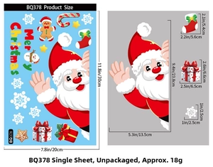 Detailed size guide for 20x30cm Christmas static window clings featuring Santa and reindeer