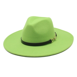Detailed shot of neon green wool fedora with black leather band and gold metal buckle