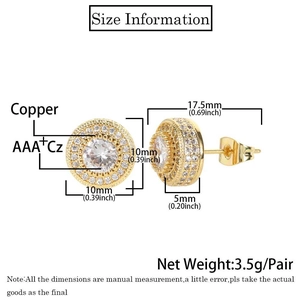 Detailed size chart for 10mm gold hip hop stud earrings with AAA+ cubic zirconia stones