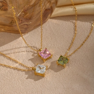 Chic titanium steel necklace with princess cut square zircon pendants in three colors