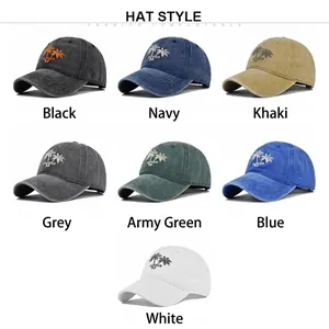 Vintage washed cotton baseball caps with palm tree embroidery in seven various colors