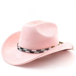 Pink suede cowboy hat detail featuring decorative ethnic patterned band and chin cord