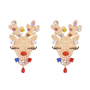 Christmas reindeer earrings with colorful crystals and pearls on a gold base