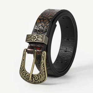 Bohemian brown leather belt with floral embossing and vintage bronze buckle for jeans