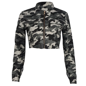 Detailed close-up of a women's cropped camo jacket featuring zipper and flap pockets