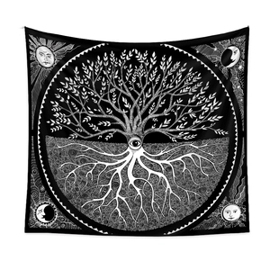 Detailed view of bohemian tree of life tapestry with sun and moon celestial graphics