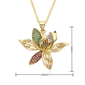 Detail of 24x29mm lotus pendant with colorful zircons and golden flower finish