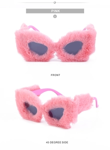Front and 45-degree side view of pink fuzzy cat eye sunglasses with plush velvet texture