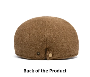 Detail view of the brown wool beret featuring an adjustable metal buckle at the back