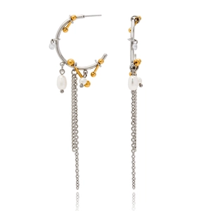 18K gold and silver plated two-tone earrings with pearls and metal fringe tassels