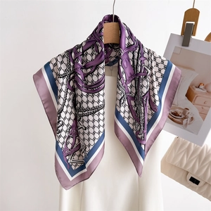 Elegant purple and white silk square scarf with horse bridle and chain prints