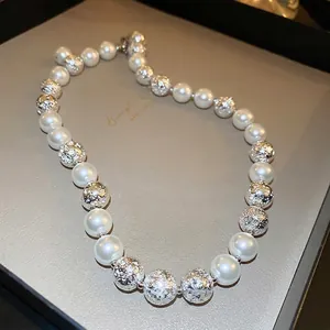 Elegant Artificial Pearl Necklace With Textured Silver Alloy Beads French Style Choker For Women Adjustable Jewelry