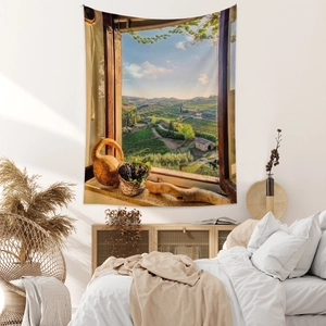 Detailed 3D window landscape tapestry featuring a lush vineyard and rustic country house