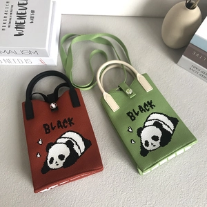 Knitted panda phone handbag in reddish brown and light green with shoulder straps