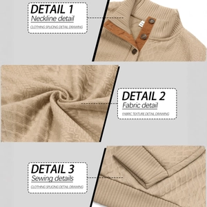 Men's beige jacquard knit sweater with stand collar, metallic buttons and waffle texture