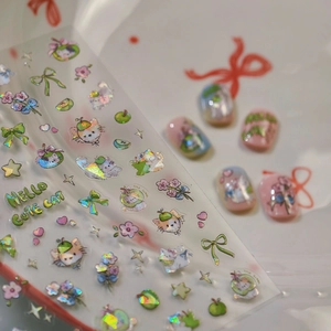 3D laser holographic nail art stickers featuring cute cats, apples, and star designs