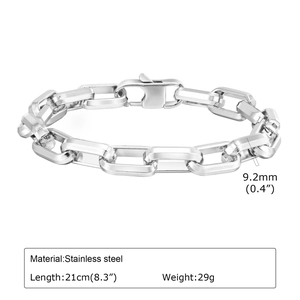 Polished stainless steel chain bracelet dimensions showing 9.2mm width and 21cm length