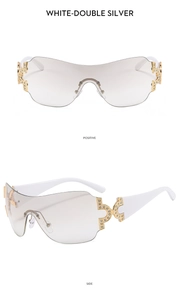 Detailed views of Y2K rimless sunglasses with gradient lenses and rhinestone accents