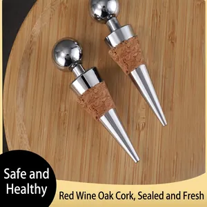 Polished zinc alloy wine bottle stoppers with oak cork seal in a two-piece set