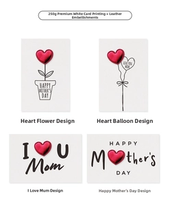 Set of four Mother's Day cards with 3D red leather heart accents and premium paper