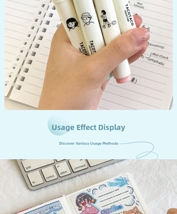 Macro view of pastel highlighters with cute cartoon illustrations and creative journaling use