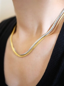 Close-up of dual-tone gold and silver flat snake chain necklace on female model