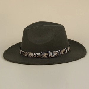 Detail of olive green fedora hat featuring leopard print belt with a metal buckle