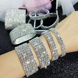 Luxury Wide Multi-Row Rhinestone Elastic Cuff Bracelet For Women Wedding Party Glamorous Jewelry Copper Base Bangle