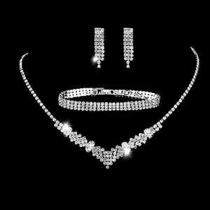Sparkling silver bridal jewelry set with crystal necklace, earrings, and bracelet for weddings