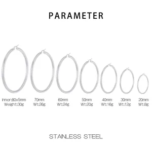 Minimalist stainless steel hoop earrings for women showing size and weight parameters chart