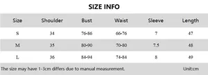 Detaillierte Größentabelle für figurbetontes Kurzarm-Top in cm für die Größen S, M, L