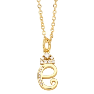 Detail of gold letter e necklace pendant with a sparkling crown and fine chain