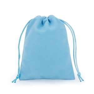 Detail shot of light blue soft velvet drawstring pouch for jewelry storage and gifts