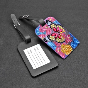 DIY 5D butterfly rhinestone luggage tags with colorful diamonds and leather straps