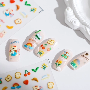 3D embossed nail stickers featuring cute cartoon bears, rainbows, and floral embroidery textures