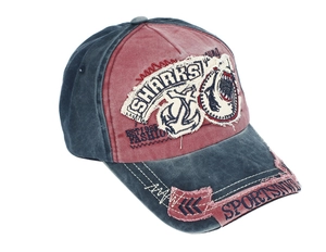 Detail of vintage washed baseball cap with 3D shark embroidery and contrast stitching