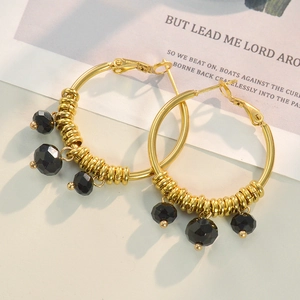 Chic 14k gold-plated U-shaped hoop earrings featuring three faceted black beads and metal spacers