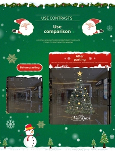Detail showing Christmas tree window sticker with festive Happy New Year text on glass