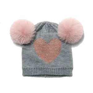 Grey knit kids beanie with double pink faux fur pom-poms and sequin heart design