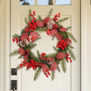 Couronne De Noël Rustique Aiguilles De Pin Artificielles Baies Rouges Pommes De Pin Nœuds En Tissu Écossais Déco Porte Murale