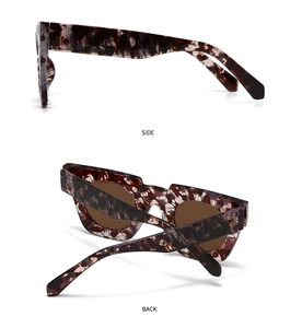 Detailed side and back view of tortoiseshell square sunglasses in dark brown marble finish