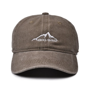 Brown washed cotton baseball cap featuring mountain peak and BIG BRO white embroidery