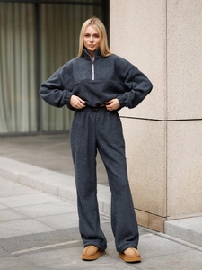 Women's dark grey polar fleece two-piece set with half-zip pullover and wide-leg pants