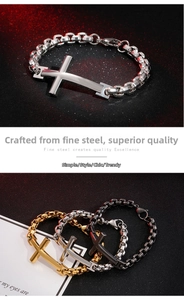 Detail of cross charm stainless steel bracelets in silver, gold, and black colors
