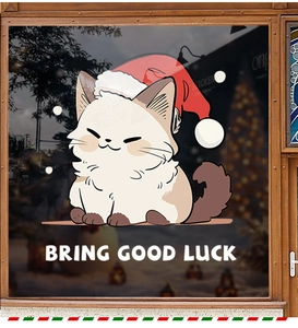 Festive Christmas window sticker featuring a cute cat with text Bring Good Luck on glass